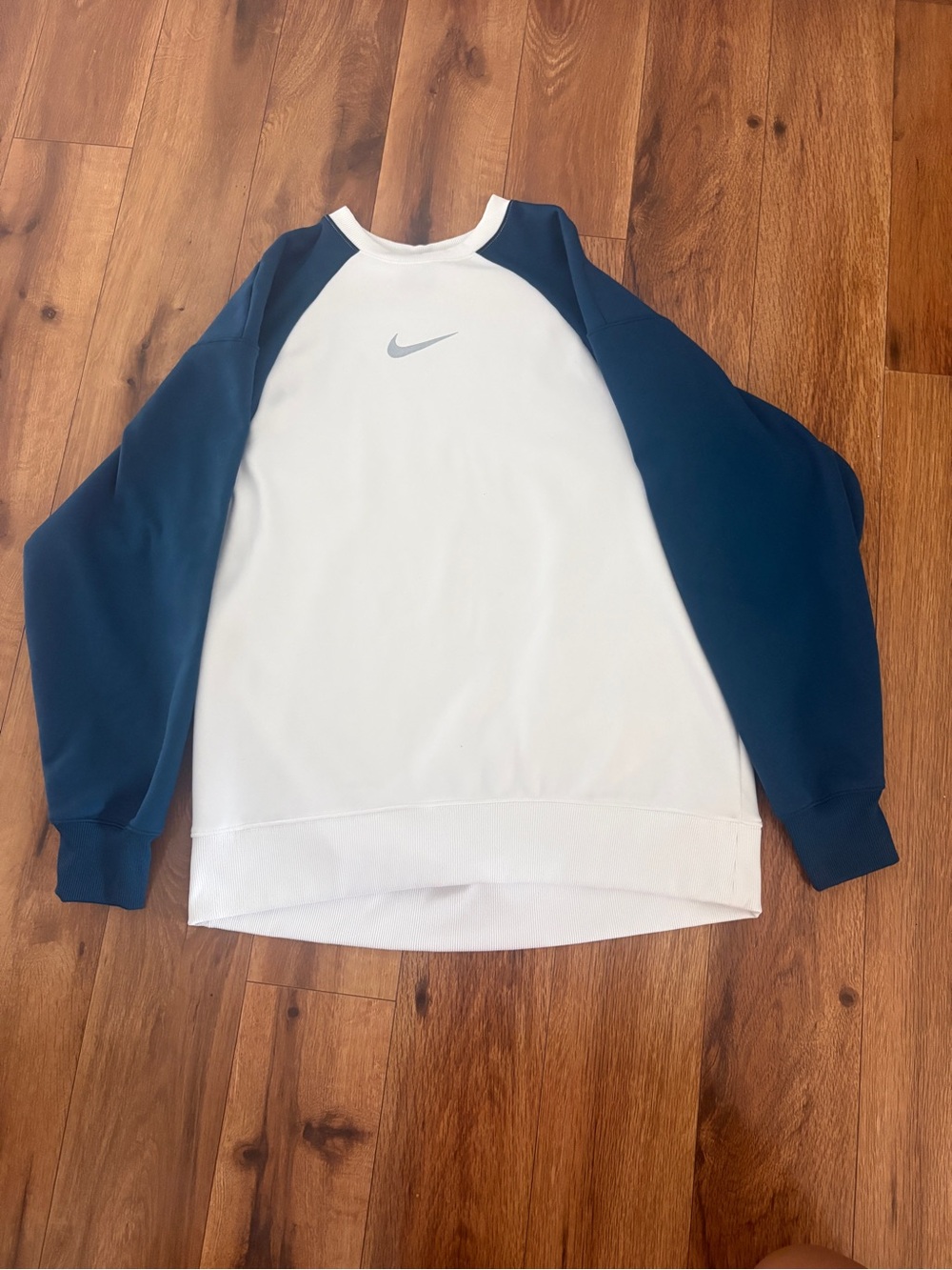 Nike White Crewneck Sweatshirt with Navy Raglan Sleeves